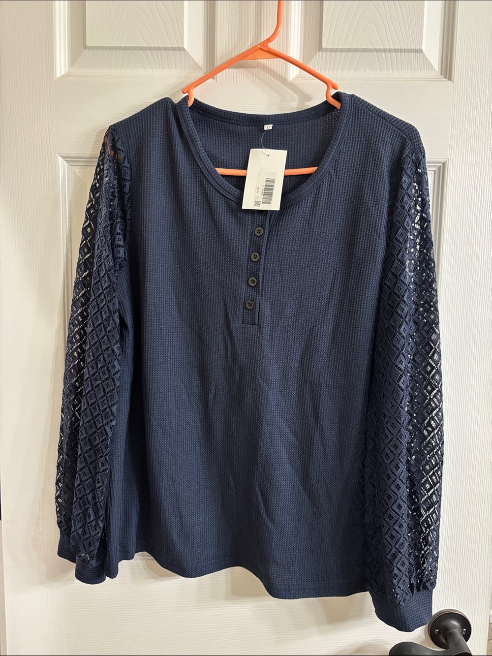 Women's Navy Long-Sleeve Henley with Lace Sleeves